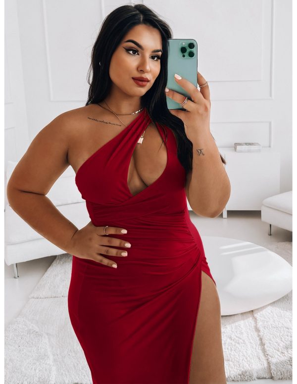 Elegancka midi sukienka PLUS SIZE na jedno ramie ATHENA - czerwona