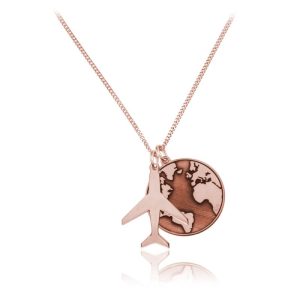 Naszyjnik kula ziemska mapa i samolot - rose gold - Grawer Gratis!