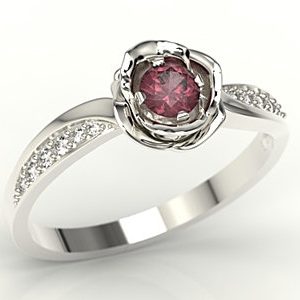 Pierścionek z białego złota w kształcie róży z rubinem i diamentami LP-4234B