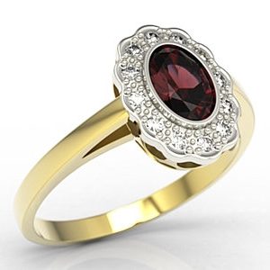 Pierścionek z żółtego i białego złota z granatem i diamentami LP-79ZB