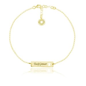 Srebrna bransoletka Mela z prostokatną blaszką i Aniołkiem - grawer - 24k złocenie