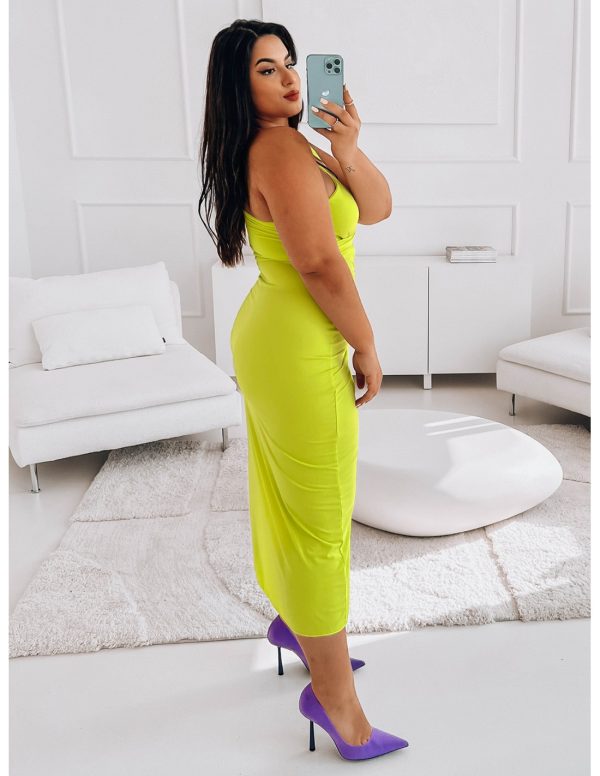 Elegancka midi sukienka PLUS SIZE na jedno ramie ATHENA - limonka