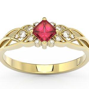 Pierścionek z żółtego złota z topazem Swarovski Red i diamentami BP-86Z