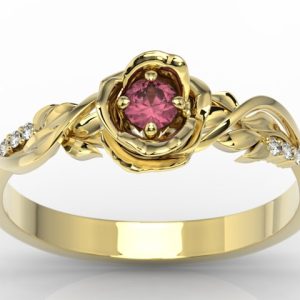 Pierścionek z żółtego złota w kształcie róży z rubinem i diamentami LP-7715Z