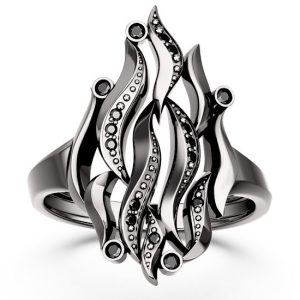 Pierścionek "płomień" ze złota rodowanego na czarno z czarnymi diamentami AP-5711B-R-CZ