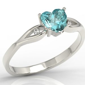 Pierścionek z białego złota z niebieskim topazem w kształcie serca i diamentami LP-71B