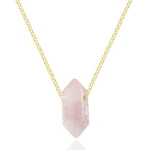 Srebrny naszyjnik łańcuszek z różowym Kryształem Górskim - 24k złocenie