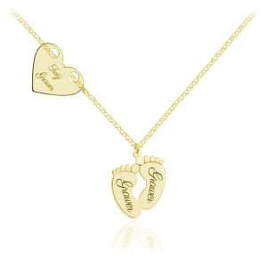 Srebrny naszyjnik Anya - stópki serduszko z grawerem - 24k złotem