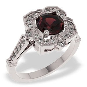 Pierścionek z białego złota z granatem i diamentami JP-99B