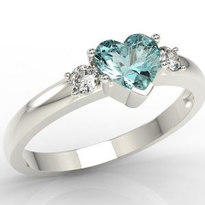 Pierścionek z białego złota z niebieskim topazem w kształcie serca i diamentami JP-90B