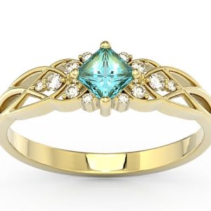 Pierścionek z żółtego złota z topazem Swarovski Ice Blue i diamentami BP-86Z