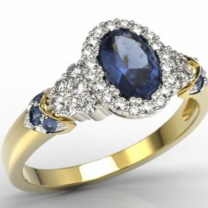 Pierścionek z żółtego i białego złota wzór LP-65ZB z szafirem i diamentami 0,32 ct