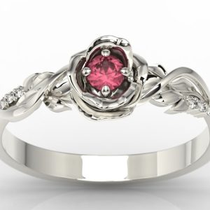 Pierścionek złoty w kształcie róży z rubinem i diamentami LP-7715B