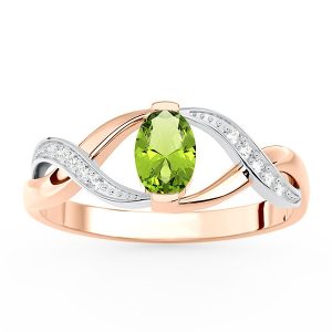 Pierścionek z różowego i białego złota z oliwinem i brylantami AP-69PB