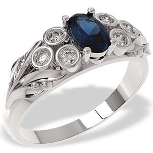 Pierścionek z białego złota z szafirem i diamentami LP-38B