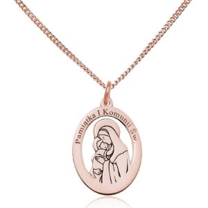 Srebrny naszyjnik - Medalik z Matką Boską - Pamiątka I Komunii Świętej - rose gold