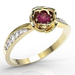 Pierścionek z żółtego złota w kształcie róży z rubinem i diamentami LP-4221Z-R