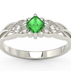 Pierścionek z białego złota z zielonym topazem Swarovski i diamentami BP-86B