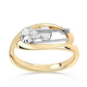 Pierścionek w kształcie skrzypiec z żółtego i białego złota z cyrkoniami BP-1302ZB