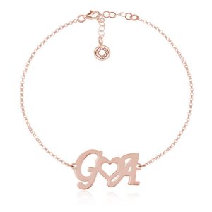 Srebrna bransoletka z literkami i sercem - rose gold