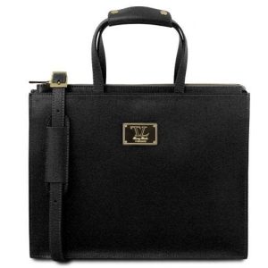 Tuscany Leather Palermo - Teczka ze skóry saffiano 3 przedziały dla kobiet , kolor czarny TL141369
