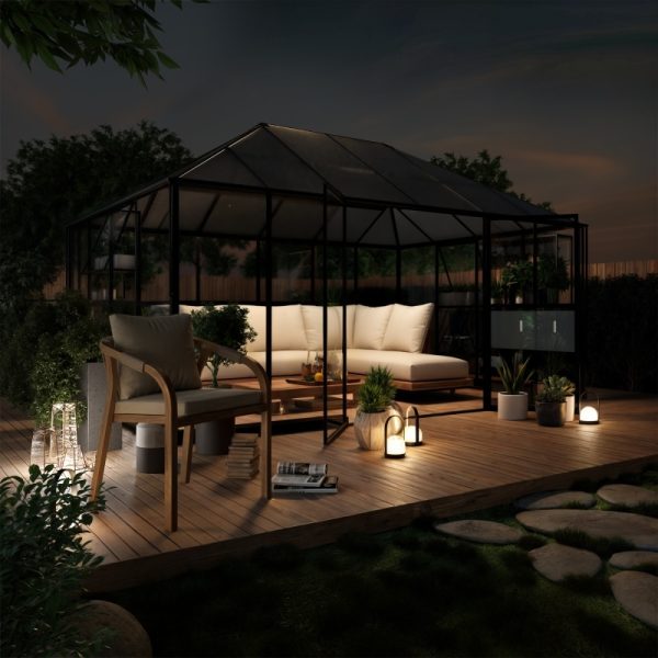 Oranżeria ogrodowa EcoGlass Gazebo Standard z fundamentem 12 m² szkło hartowane 4 mm, poliwęglan 6 mm, aluminium, czarna