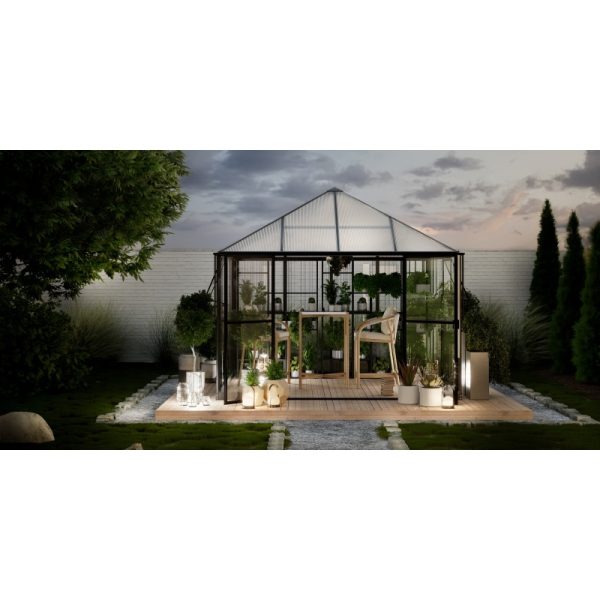 Oranżeria ogrodowa EcoGlass Gazebo Compact z fundamentem 8,1 m² szkło hartowane 4 mm, poliwęglan 6 mm, aluminium, czarna