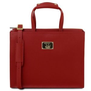 Tuscany Leather Palermo - Teczka ze skóry saffiano 3 przedziały dla kobiet , kolor czerwony TL141369