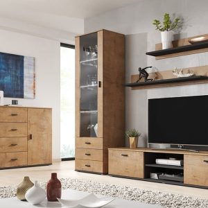 Meblościanka do salonu dąb lefkas / czarna mat 410 cm Simple