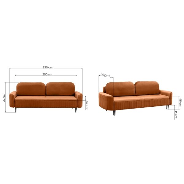 Sofa rozkładana Vena z pojemnikiem, miedziana, welurowa