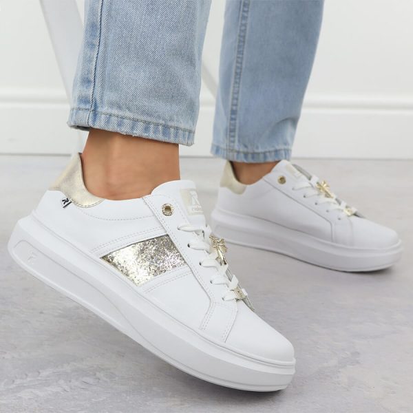 Skórzane sneakersy damskie na platformie białe Rieker W1202-82