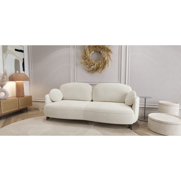 Sofa rozkładana Bianca z pojemnikiem, obłe kształty, czarne nóżki, boucle