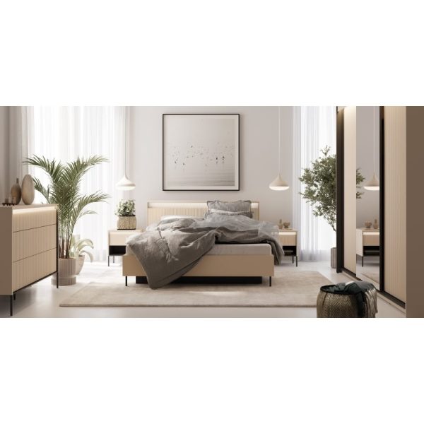 Łóżko ze stelażem i pojemnikiem Trend 160x200 cm, oświetlenie LED, beż piaskowy/czarne, ryflowane