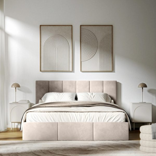 Łóżko tapicerowane Simple 160x200 cm z pojemnikiem, welurowe, jasnobeżowe