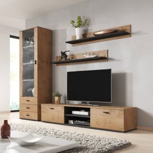 Meblościanka do salonu dąb lefkas / czarna mat / połysk 265 cm Simple