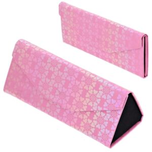 Etui na okulary składane w trójkąt wzór serduszka ET-132B jasny róż