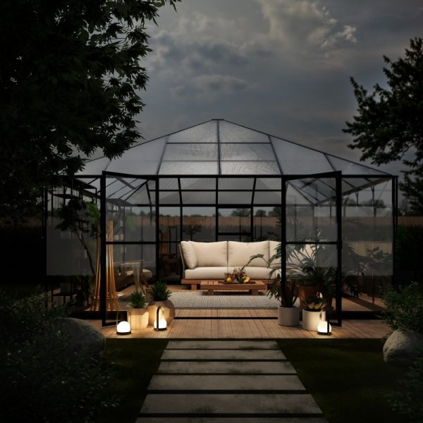 Oranżeria ogrodowa EcoGlass Gazebo Large z fundamentem 17,7 m² szkło hartowane 4 mm, poliwęglan 6 mm, aluminium, czarna