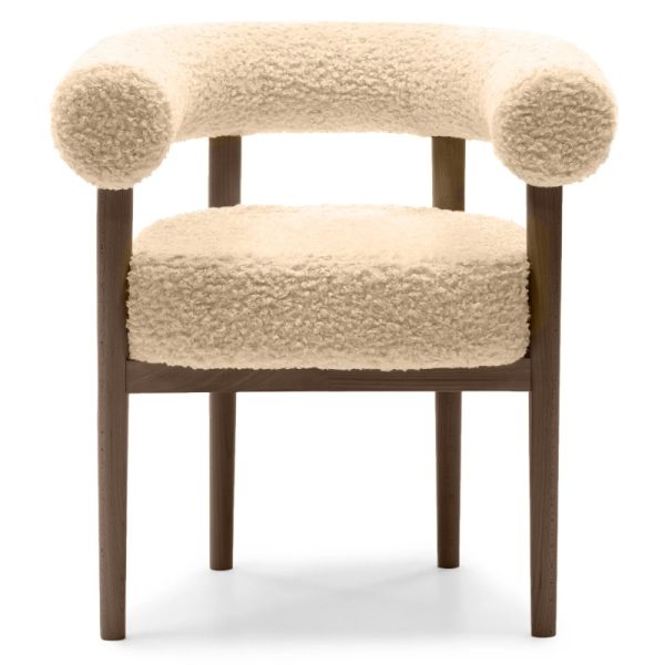 Krzesło tapicerowane Puffy, beżowe/orzech okapi, boucle, zaokrąglone