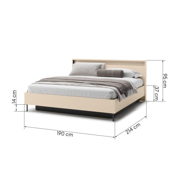 Łóżko ze stelażem i pojemnikiem Trend 180x200 cm, oświetlenie LED, beż piaskowy/czarne, ryflowane