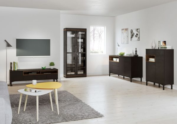 Komoda wysoka z szufladami i drzwiami czarna / orzech mat 89 cm Roomers