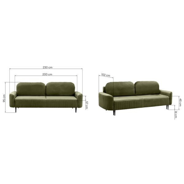 Sofa rozkładana Vena z pojemnikiem, oliwkowozielona, welurowa