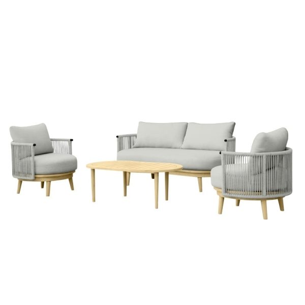 Zestaw mebli ogrodowych Grosetto, plecionka, drewno akacjowe FSC, teak look, jasnoszary, zaokrąglony