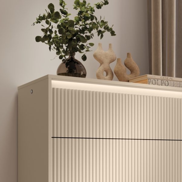 Komoda z szufladami Trend 93 cm, z oświetleniem LED, beż piaskowy/czarna, ryflowana