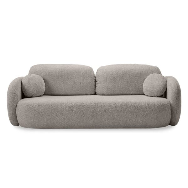 Sofa rozkładana Olio z pojemnikiem, beżowoszara, boucle, obłe kształty