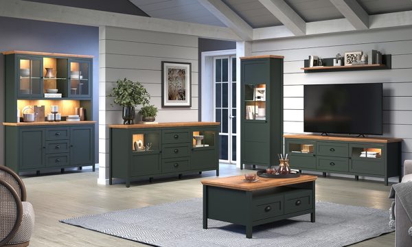 Komoda Emerald 184 cm, 2 drzwi, 3 szuflady, ciemny zielony, dąb Evoke