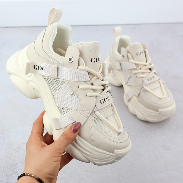 Skórzane sneakersy na grubej podeszwie damskie beżowe Goe RR2N4051