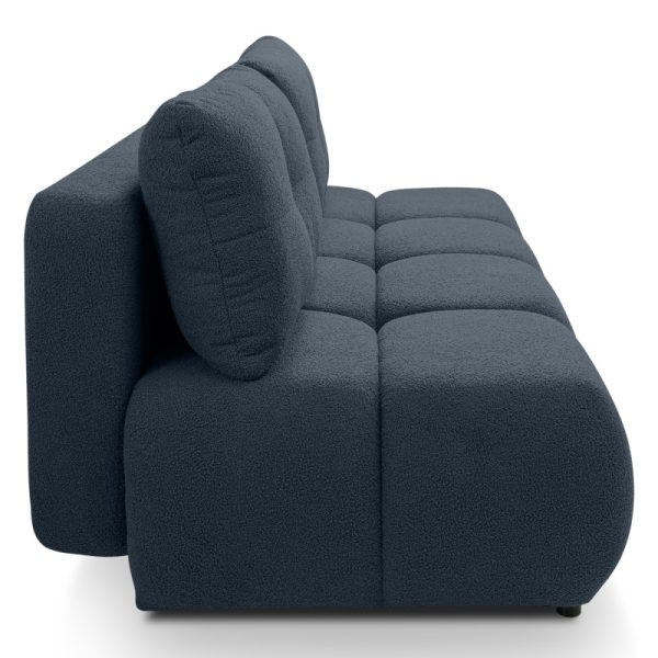 Sofa z funkcją spania i pojemnikiem Milo, granatowa, boucle, obłe kształty