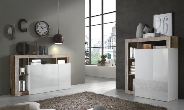 Komoda z drzwiami biała / klon Pero wysoki połysk / mat 146 cm Verden