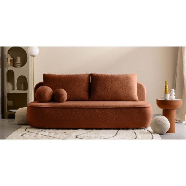 Sofa z funkcją spania i pojemnikiem Bella miedziana, boucle