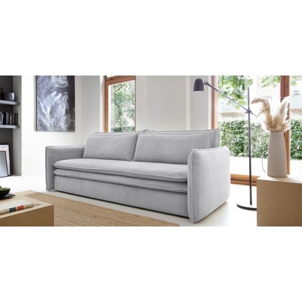 Sofa z funkcją spania i pojemnikiem Tilia Slim, szara, sztruks
